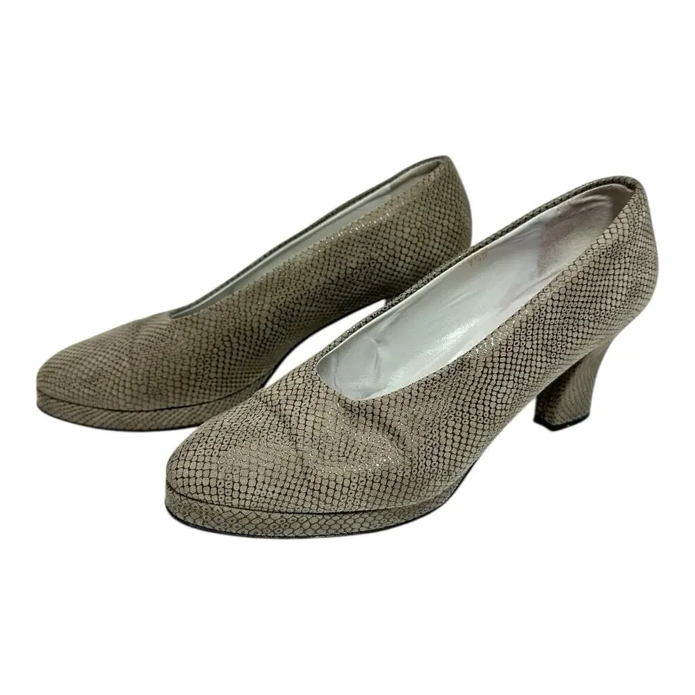 Joan & David Shoes Womens Size 7.5 B SNAKE SKIN Tan Brown Block Heel Italy Pumps